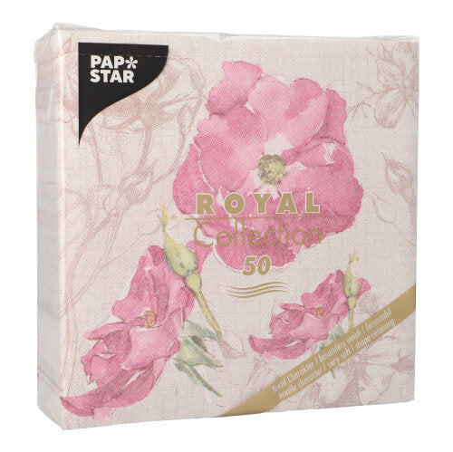 Ein 50er-Pack PAPSTAR "ROYAL Collection" Servietten, 40 x 40 cm, lila, von PAPSTAR GmbH. Hochwertige Servietten mit elegantem floralem Design und goldenen Akzenten.