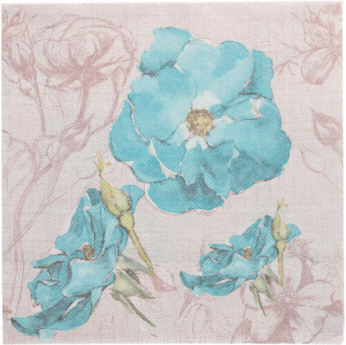 Die PAPSTAR 50 Servietten "ROYAL Collection" 1/4-Falz 40 x 40 cm türkis der PAPSTAR GmbH zeigen ein Druckmotiv aus drei blauen Blumen mit beigen Konturen auf hellbeige - ideal für den stilvoll gedeckten Tisch.
