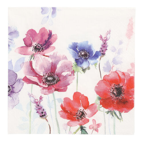 Die PAPSTAR 20 Servietten, 33 cm x 33 cm 3-lagig der PAPSTAR GmbH zeigen ein florales Design im Aquarellstil in den Farben Rot, Rosa, Lila und Blau mit grünen Stängeln und Blättern.