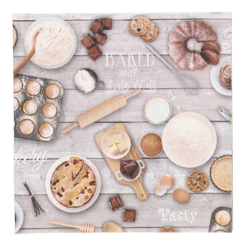 Eine stilvolle Flachlegung zeigt Backzutaten und -werkzeuge - Mehl, Nudelholz, Butter, Eier, Brownies, Kekse, einen Gugelhupf, eine Torte - sowie PAPSTAR 20 Servietten 33x33 cm 3-lagig 1/4-Falz aus dem Design Set 6 von PAPSTAR GmbH.