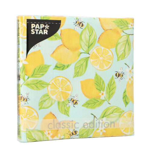 PAPSTAR 20 Servietten, 3-lagig (33x33 cm, 1/4-Falz), von PAPSTAR GmbH: Design mit Zitronen, Blättern und Bienen auf hellblau - ideal für stilvolle Tischdekoration.