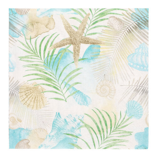 Diese PAPSTAR 20 Servietten (33 x 33 cm, 3-lagig) der PAPSTAR GmbH zeigen ein gemustertes Design mit grünen Palmenblättern, beigen und blauen Muscheln, einem Seestern und abstrakten Aquarellformen auf weißem Hintergrund.