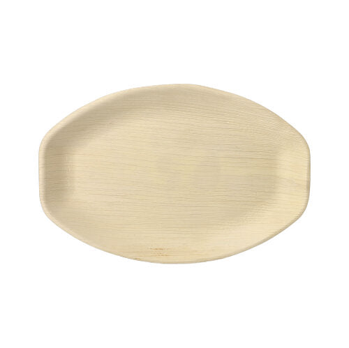Ein Set aus 6 ovalen, naturfarbenen Palmblatt-Tabletts „pure“ der PAPSTAR GmbH aus biologisch abbaubarem Material, von oben auf weißem Hintergrund abgebildet.