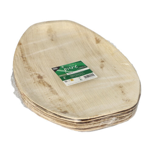 Ein Stapel von 6 PAPSTAR Tabletts, Palmblatt „pure“ oval natur von der PAPSTAR GmbH, verpackt in transparenter Folie mit grün-weißem Etikett – ideale umweltfreundliche Tabletts für bewusste Zusammenkünfte.