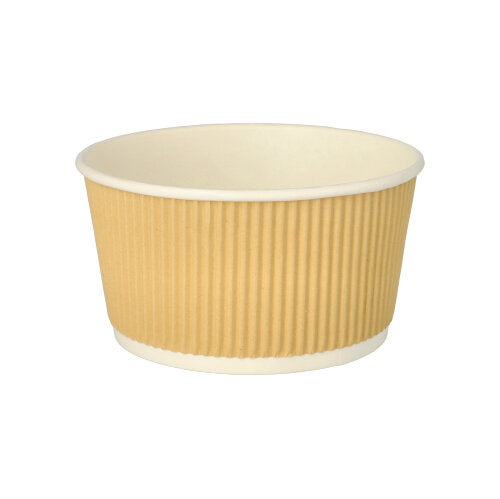 Der PAPSTAR 25 Suppenbecher ist ein runder, braun-weißer Ripple Wall Suppenbecher (720 ml, Ø 13,5 cm) mit vertikalen Rillen und weißem Rand/Boden auf schlichtem weißem Hintergrund. Marke: PAPSTAR GmbH.