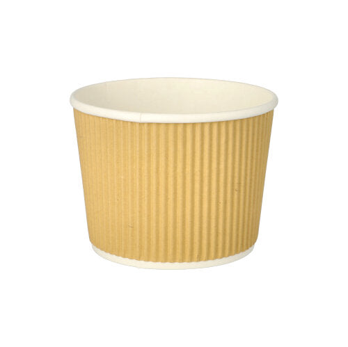 Ein runder PAPSTAR Suppenbecher (520 ml) aus braun-weißem Papier mit Ripple Wall-Rippung außen und weißer Innenseite auf weißem Grund. Marke: PAPSTAR GmbH. Packung mit 25 Stück, Ø 11 cm, Höhe 8,4 cm.