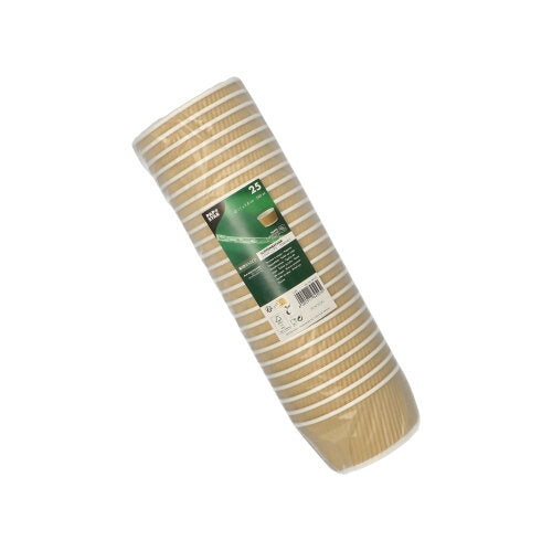 Eine Packung mit 25 PAPSTAR Suppenbechern rund, braun/weiß, 11 cm Ripple Wall Einwegbechern der PAPSTAR GmbH besteht aus klarem Kunststoff mit einem grün-weißen Etikett.