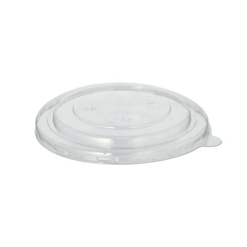 Der Starpak 25 Deckel für Suppenbecher R-PET rund von Starpak ist ein durchsichtiger, runder Deckel aus umweltfreundlichem R-PET mit einer leicht erhöhten Mitte und einer Lasche zum einfachen Entfernen, abgebildet vor einem schlichten weißen Hintergrund.