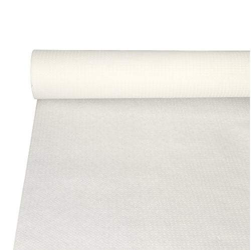 Eine Rolle PAPSTAR Tischdeckenpapier 20 m x 118 cm weiss von der PAPSTAR GmbH ist auf einer flachen Oberfläche teilweise ausgerollt und zeigt ihr subtiles Gitter- oder Strukturmuster.