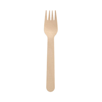 A pack of PAPSTAR 10 forks, wood “pure” from PAPSTAR GmbH made from sustainable wood with a flat handle is presented environmentally friendly against a plain white background.