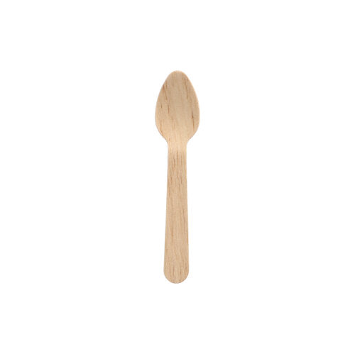 A PAPSTAR wooden coffee spoon "pure", 11 cm, from PAPSTAR GmbH lies centrally on a white background, emphasizing the eco-friendly, simple design. Packaging: folding box with 10 pieces.