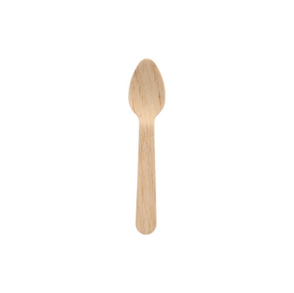 A PAPSTAR wooden coffee spoon "pure", 11 cm, from PAPSTAR GmbH lies centrally on a white background, emphasizing the eco-friendly, simple design. Packaging: folding box with 10 pieces.