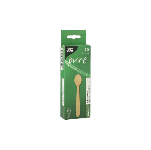 A green box with the inscription "PAPSTAR wooden coffee spoon 'pure', 11 cm, eco-friendly" from PAPSTAR GmbH contains 10 eco-friendly coffee spoons, with spoon illustration and product information on the packaging.