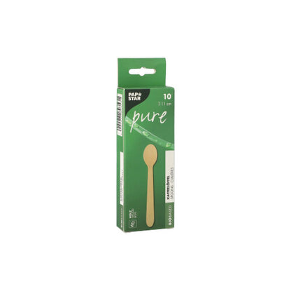 A green box with the inscription "PAPSTAR wooden coffee spoon 'pure', 11 cm, eco-friendly" from PAPSTAR GmbH contains 10 eco-friendly coffee spoons, with spoon illustration and product information on the packaging.