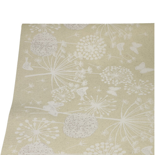 Die PAPSTAR Tischdecke aus Papier (3 m x 1,2 m) von PAPSTAR GmbH ist beige mit weißem botanischem Muster, das an Pusteblumen und Schmetterlinge erinnert, und eignet sich ideal als dekoratives Einwegprodukt für jeden Anlass.