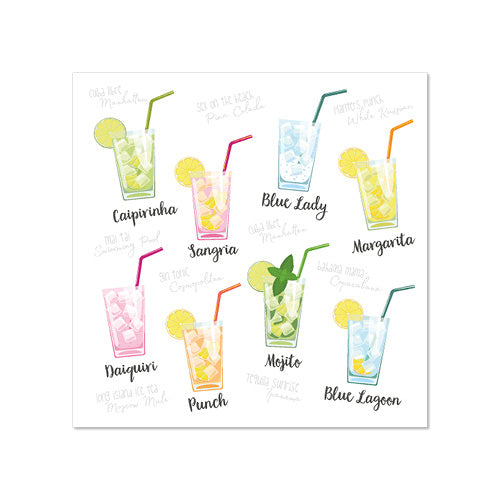 Abbildung von neun Cocktails in Gläsern mit Eis, Garnituren und PAPSTAR 20 Servietten, 25x25 cm 3-lagig der PAPSTAR GmbH. Cocktails wie Caipirinha, Sangria, Blue Lady, Margarita und Mojito werden mit Strohhalmen und Fruchtscheiben versehen.