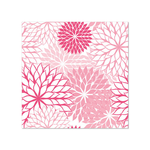 The 20 napkins from PAPSTAR GmbH, 25 cm x 25 cm, three-ply, feature a repeating symmetrical pattern of overlapping pink and red floral motifs with pointed petals and white space, folded in a 1/4 fold.