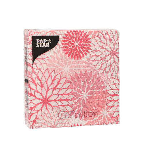 Eine quadratische Packung mit 20 PAPSTAR-Servietten (25 cm x 25 cm, 3-lagig, 1/4-Falz) von der PAPSTAR GmbH mit einem rosa-weißen Blumenmuster mit großen Blüten und einem schwarzen PAP STAR-Logo in der oberen linken Ecke.