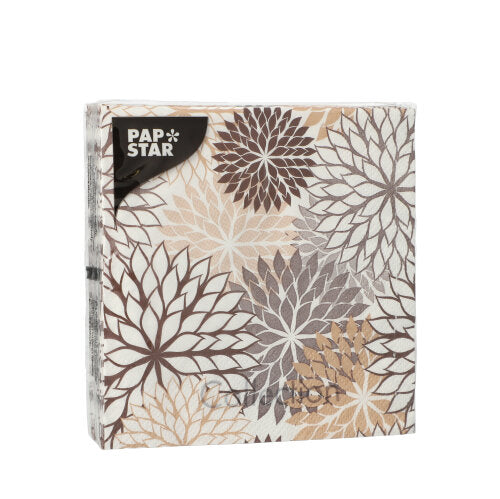 Eine versiegelte Packung mit 20 Servietten der PAPSTAR GmbH, 25 cm x 25 cm, 3-lagig und 1/4-Falz, mit floralem Design in Beige, Braun und Taupe. Die Marke „PAPSTAR“ erscheint in der oberen linken Ecke.