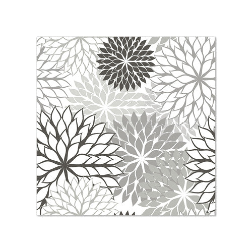 PAPSTAR 20 napkins (25 x 25 cm, 3-ply, 1/4-fold) from PAPSTAR GmbH feature a square floral pattern with pointed petals in black, gray, and white on a white background – perfect table decoration with evenly distributed flowers of different sizes.