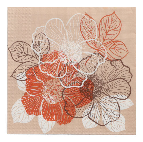 Die PAPSTAR 20 Servietten, 33 cm x 33 cm, 3-lagig von PAPSTAR GmbH ist eine braune Papierserviette mit einem floralen Liniendesign in Orange, Weiß und Schwarz für einen eleganten Look. Teil des Design Sets 6 mit detaillierten linearen Blütenblättern und Staubgefäßen.