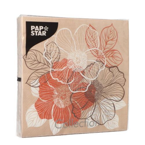 Eine beigefarbene Packung PAPSTAR 20 Servietten, 33x33 cm, 3-lagig, Set 6 mit weißem, orangefarbenem und braunem Blumenmuster; die Marke "PAPSTAR GmbH" ist in der oberen linken Ecke abgebildet.
