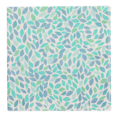 Die PAPSTAR 20 Servietten, 33 cm x 33 cm, 3-lagig, der PAPSTAR GmbH (Design Set 5), zeigen überlappende blaue, blaugrüne und hellgrüne Blätter auf weißem Hintergrund.