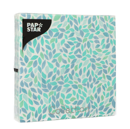 PAPSTAR GmbH 20 napkins, 33x33 cm, 3-ply, Set 5 are depicted. The blue-green leaf pattern appears on the packaging with the word "collection" at the bottom center.
