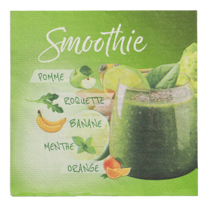 A green smoothie in a glass, with labeled French illustrations of apple, arugula, banana, mint, and orange on a green background. Displayed with PAPSTAR GmbH 20 napkins (33x33 cm, 3-ply) design set 2. The top reads "Smoothie".