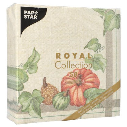 Ein 50er-Pack PAPSTAR Servietten "ROYAL Collection" (1/4-Falz, 40x40cm) der PAPSTAR GmbH mit einem beige-grünen Kürbis-, Kürbis- und Blättermotiv.