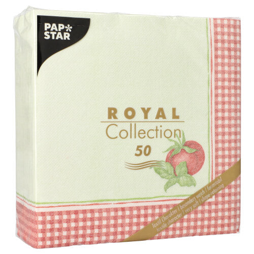 Eine Packung mit 50 PAPSTAR Servietten "ROYAL Collection" 1/4-Falz (40 x 40 cm) mit rot-weiß kariertem Rand und Apfelmotiv von PAPSTAR GmbH.