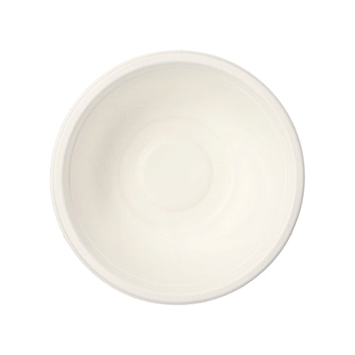 A simple, white ceramic bowl, photographed from above against a white background, reflects the simple and eco-conscious design of the PAPSTAR 100 bowls, sugarcane "pure" from PAPSTAR GmbH.