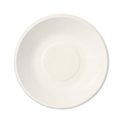 A PAPSTAR 100 bowls, sugarcane "pure" from PAPSTAR GmbH is depicted from above on a white background. The eco-friendly saucer features a flat indentation in the middle, ideal for holding a cup and for sustainable serving.