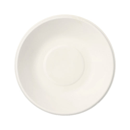 Eine PAPSTAR 100 Schalen, Zuckerrohr „pure“ der PAPSTAR GmbH ist von oben auf weißem Hintergrund abgebildet. Die umweltfreundliche Untertasse verfügt über eine flache Vertiefung in der Mitte, ideal zum Halten einer Tasse und zum nachhaltigen Servieren.