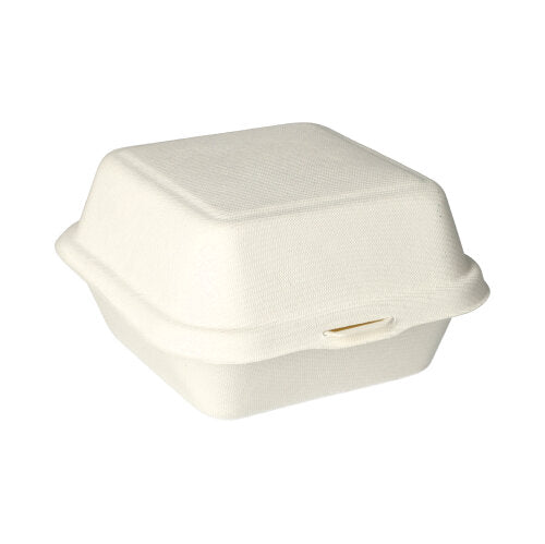 Eine geschlossene, quadratische, weiße PAPSTAR 500 Hamburger-Box aus umweltfreundlichem Zuckerrohr (8 x 14 x 15 cm), hergestellt von PAPSTAR GmbH, als nachhaltige Verpackung auf weißem Hintergrund präsentiert.