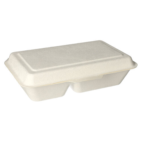 The PAPSTAR menu boxes sugarcane "pure" is a closed, beige, rectangular takeout box (2 compartments, 6.5x24x15.5 cm) made of biodegradable material from PAPSTAR GmbH, depicted on a simple white background.