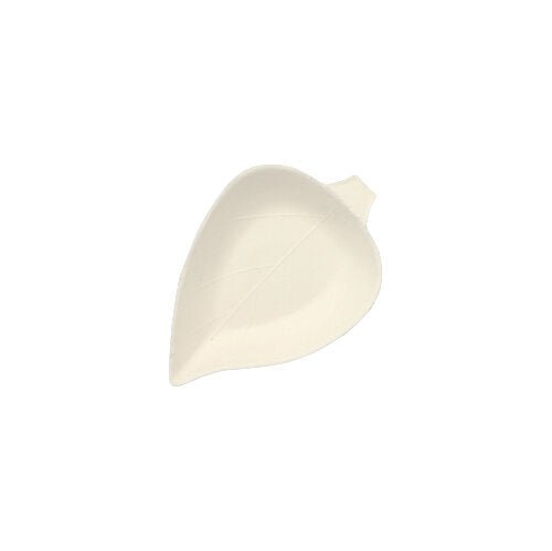 A white PAPSTAR 12 finger food plate made of sugarcane "pure" from PAPSTAR GmbH, designed in leaf shape and photographed from above on a plain white background.