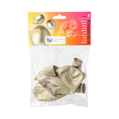 The PAPSTAR 4 large balloons by PAPSTAR GmbH are delivered in a transparent plastic packaging with colorful graphics and contain four uninflated balloons in metallic gold – ideal for party decoration and enhancing a festive atmosphere.