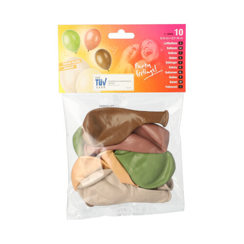 Eine transparente Kunststoffverpackung der PAPSTAR GmbH enthält zehn farbig sortierte Luftballons (Ø 25 cm) in Erdtönen. Die Oberseite zeigt farbenfrohe Grafiken und Texte, die auf hochwertige Partyballons hinweisen. Produkt: PAPSTAR 10 Luftballons farbig sortiert.