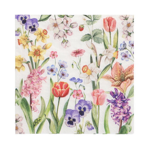 Die PAPSTAR GmbH 20 Servietten, Set 4, sind 3-lagige Papierservietten (33 x 33 cm, 1/4-Falz) mit einem frühlingshaften Blumenmuster - Tulpen, Stiefmütterchen, Narzissen und Lilien - auf weißem Grund.