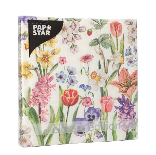 Das PAPSTAR GmbH 20 Servietten Set 4 enthält quadratische, 3-lagige Servietten (33x33 cm) mit einem farbenfrohen Blumendessin aus Tulpen, Lilien und Stiefmütterchen auf Weiß.