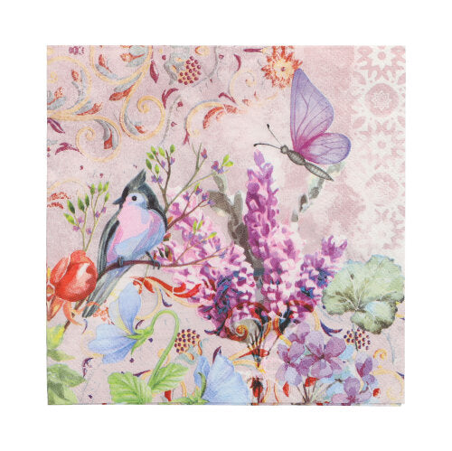 Die PAPSTAR GmbH 20 Servietten, 33 x 33 cm, 3-lagig, zeigen ein farbenfrohes Blumenmuster mit Vogel und lila Schmetterling auf einem gemusterten hellen Hintergrund; weich und dekorativ aus der Serie Design Set 3.