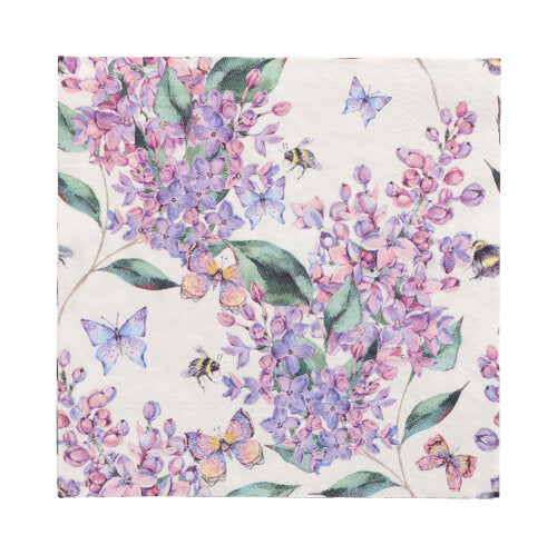Eine 3-lagige Papierserviette der PAPSTAR GmbH aus dem "20 Servietten, 33x33 cm, Design Set 3" zeigt lila und rosa Fliederblüten, grüne Blätter, Schmetterlinge und Bienen auf weißem Hintergrund.