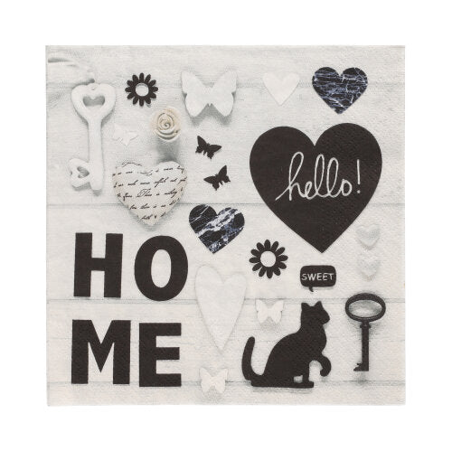 PAPSTAR 20 Servietten, 33x33cm, 3-lagig, Design Set 4: Bezaubernde Servietten von PAPSTAR GmbH mit "HOME", schwarz-weißen Herzen, Schmetterlingen, Blumen, Schlüssel, Rose & Katzensilhouette; "hello!" erscheint in einem schwarzen Herz.