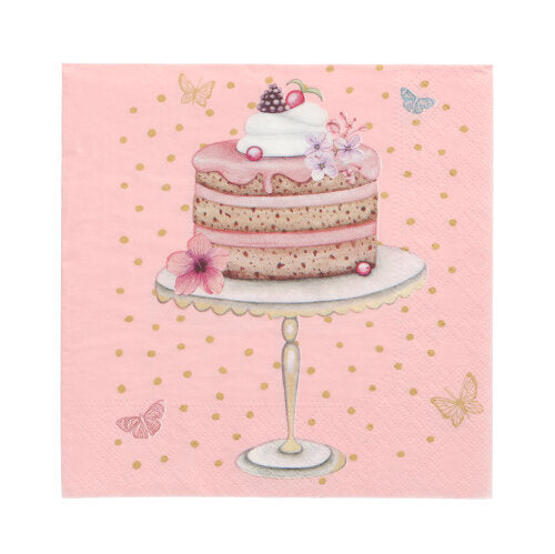 Eine 3-lagige Torte mit rosa Zuckerguss, Schlagsahne, Beeren und Blumen auf einem Ständer, vor einem rosa Hintergrund mit goldenen Punkten und Schmetterlingen - ideal für PAPSTAR GmbH 20 Servietten 33 cm x 33 cm 3-lagig Design Set 1.
