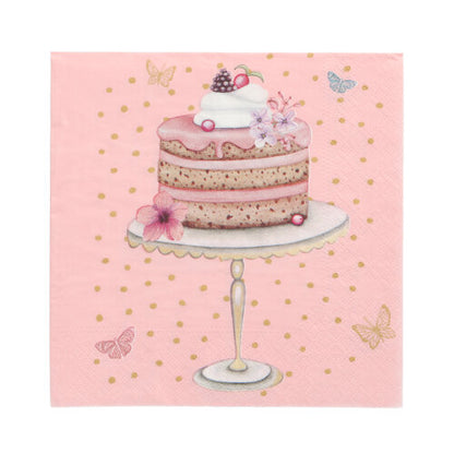 A 3-layer cake with pink icing, whipped cream, berries, and flowers on a stand, against a pink background with golden dots and butterflies - ideal for PAPSTAR GmbH 20 napkins 33 cm x 33 cm 3-ply Design Set 1.