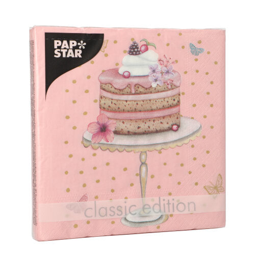 A pack of PAPSTAR GmbH 20 napkins, 33x33 cm, 3-ply, with a cake, berries, flowers, gold dot, and butterfly motif; "classic edition" and "PAP STAR" are printed on the packaging.