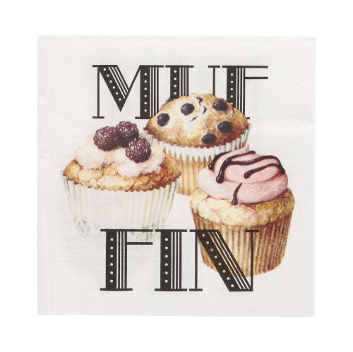 PAPSTAR 20 Servietten (33x33 cm, 3-lagig, 1/4-Falz, Design Set 3) der PAPSTAR GmbH zeigen drei Muffins mit Beeren und Zuckerguss über und unter dem fetten "MUFFIN" in großen schwarzen Buchstaben.