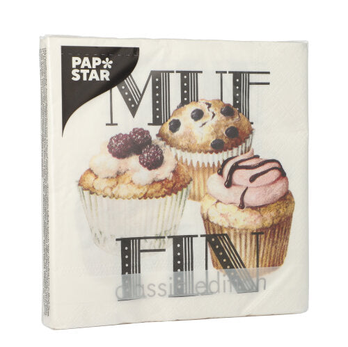 Eine Packung PAPSTAR GmbH 20 Servietten, 33x33 cm, 3-lagig, 1/4-Falz (Design Set 3) zeigt drei illustrierte Muffins mit verschiedenen Belägen, dem Schriftzug MUFFIN" und dem PAPSTAR-Logo in der linken oberen Ecke.