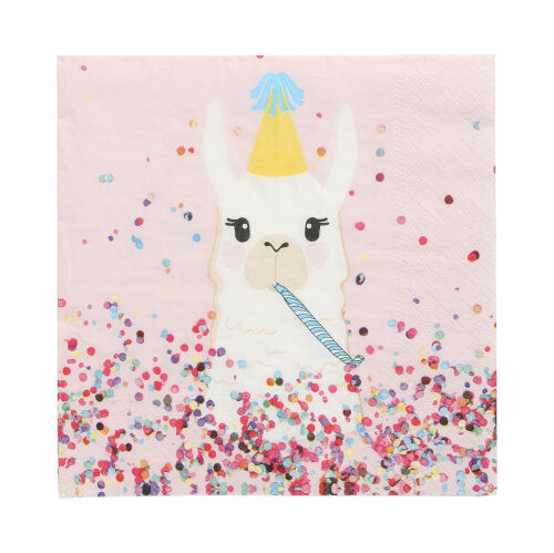 Die PAPSTAR 20 Servietten, 33x33 cm, 3-lagig, zeigen ein Lama mit gelbem Partyhut, einem Partyhorn und buntem Konfetti auf hellrosa Hintergrund. Marke: PAPSTAR GmbH.